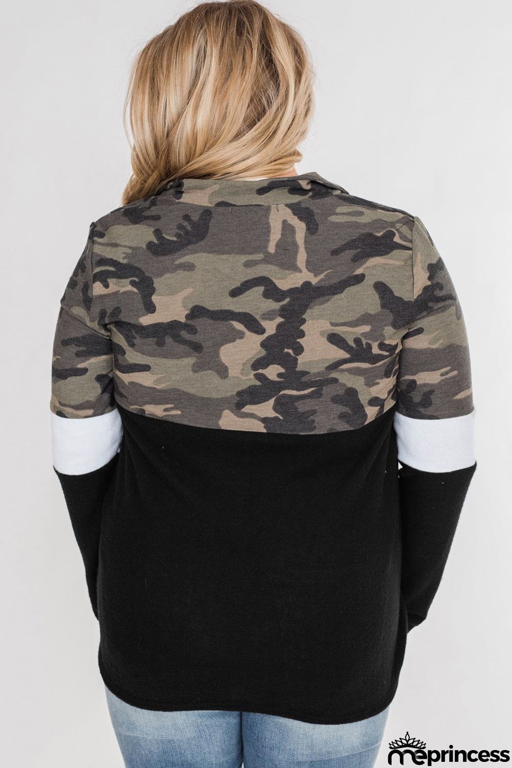 Plus Size Quarter Zip Camo Color Block Sweatshirt