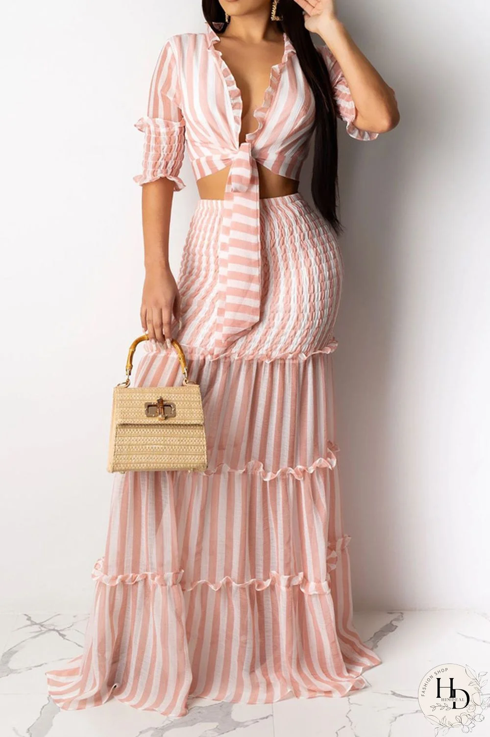 Yellow Casual 3/4 Length Sleeves V Neck Slim Dress Floor-Length Striped Print Patchwork Dresses