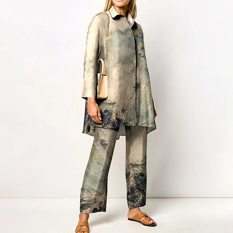 Fashion Ink Painting Print Shirt Two Piece Set