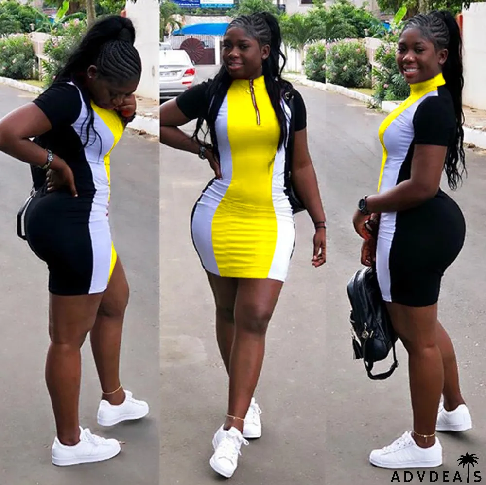 Color Block Zipper V Neck Mini Dress