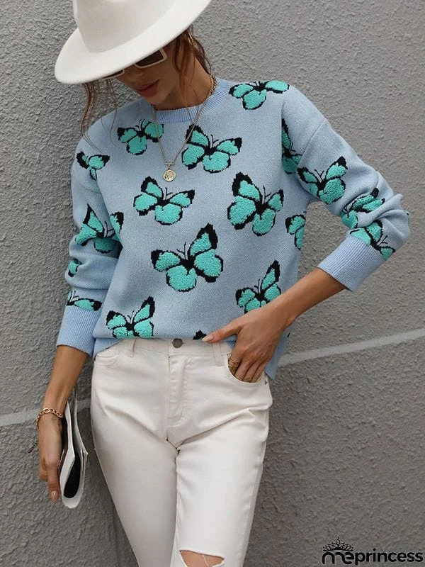 Original Long Sleeves Loose Butterfly Print Contrast Color Round-Neck Sweater Tops