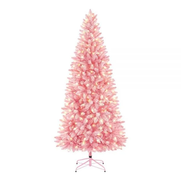 🔥kukelife🔥7 ft pre lit led flocked pink artificial christmas tree with 300 light mini warm white lights