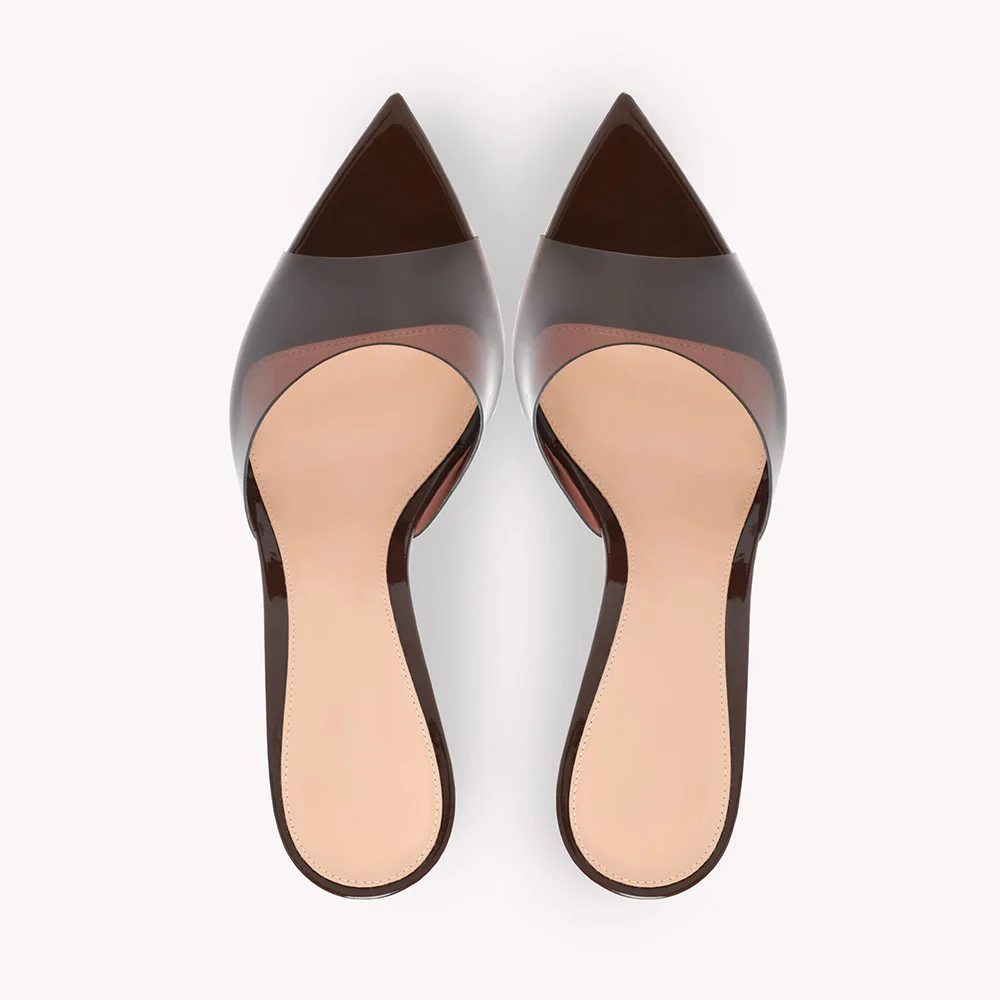 Brown PVC Stiletto Heel Pointed Toe Casual Mule Shoes for Women
