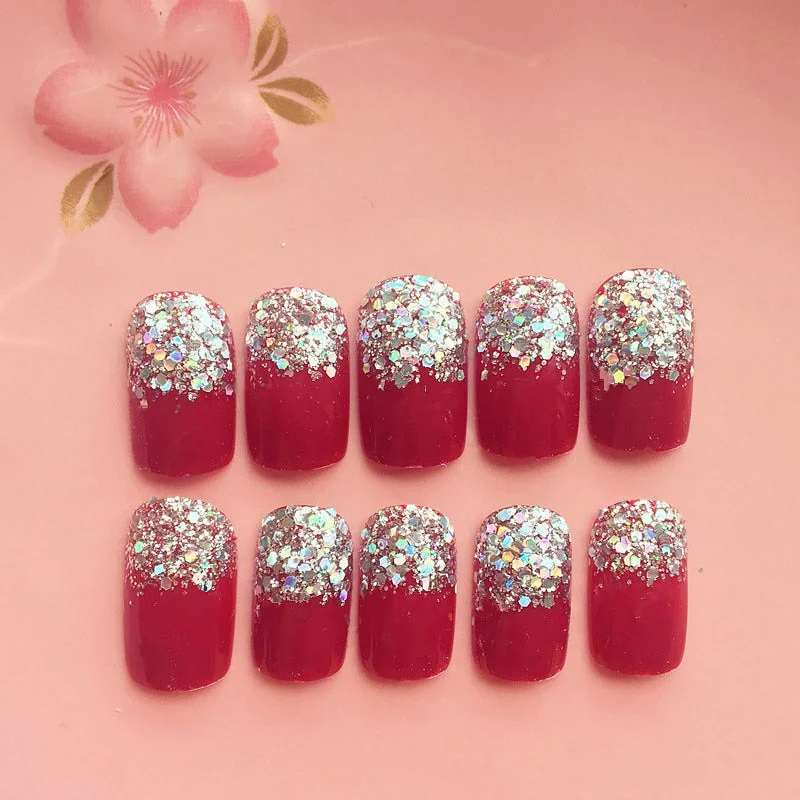 24pcs/set Red Color Short Size Fake Nails Women Fashion Glitter Patch Nail Art Tools Bride Wedding Party Nail Tips With Glue-Nail Inspo