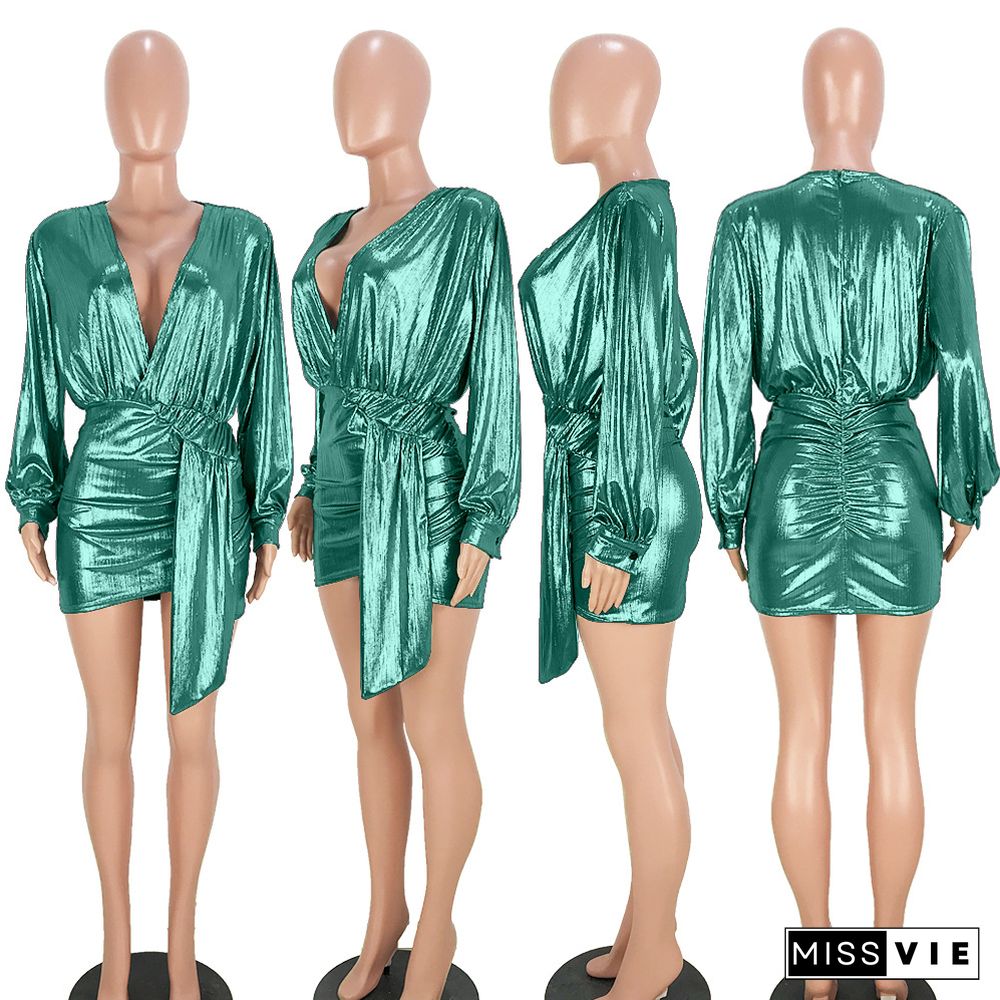 Gilding Deep V-neck Zipper Sexy Skirt Nightclub Dress