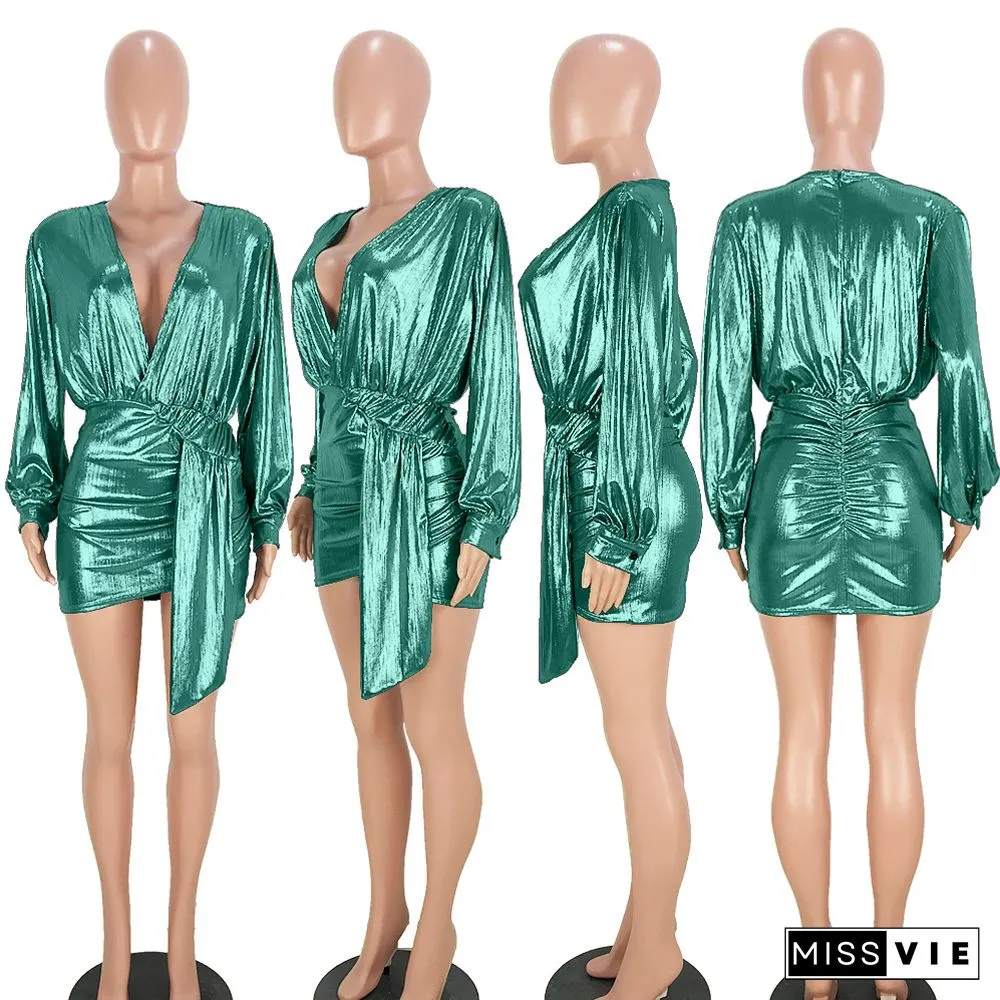 Gilding Deep V-neck Zipper Sexy Skirt Nightclub Dress