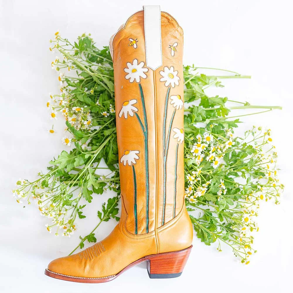 Orange Lovely Chunky Heel Shoes Mid-Calf Western Flower Cowboy Boots