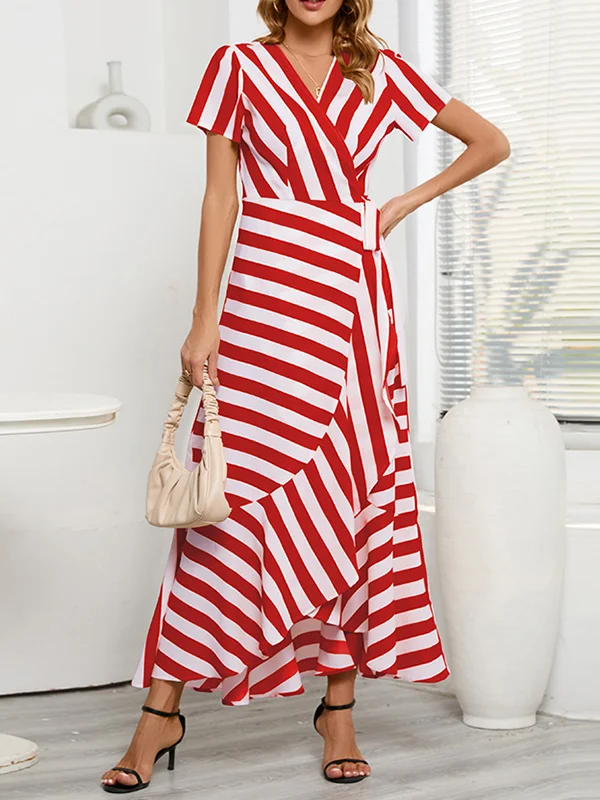 Split-Joint Striped Tied High-Low Loose V-Neck Maxi Dresses