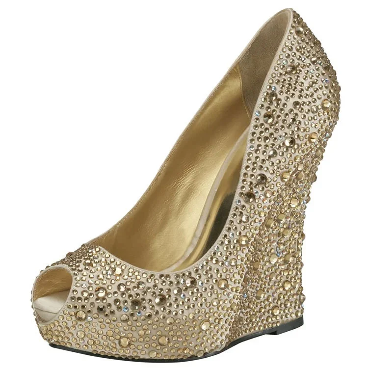 Women's Golden Bridal Shoes Platform Rhinestone Wedge Heels Pumps |FSJ Shoes
