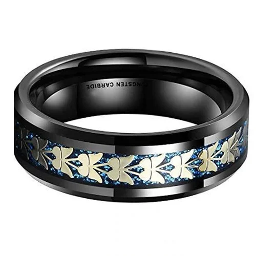 8MM Women's Or Men's Butterfly Tungsten Carbide Wedding Matching Rings with Butterflies over Blue Sandy Inlay