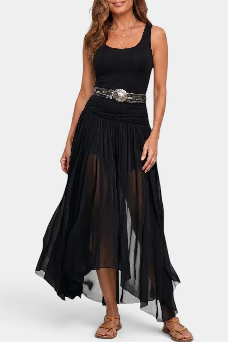 V-Neck Maxi Dress with Pleated Sheer Skirt & Belt