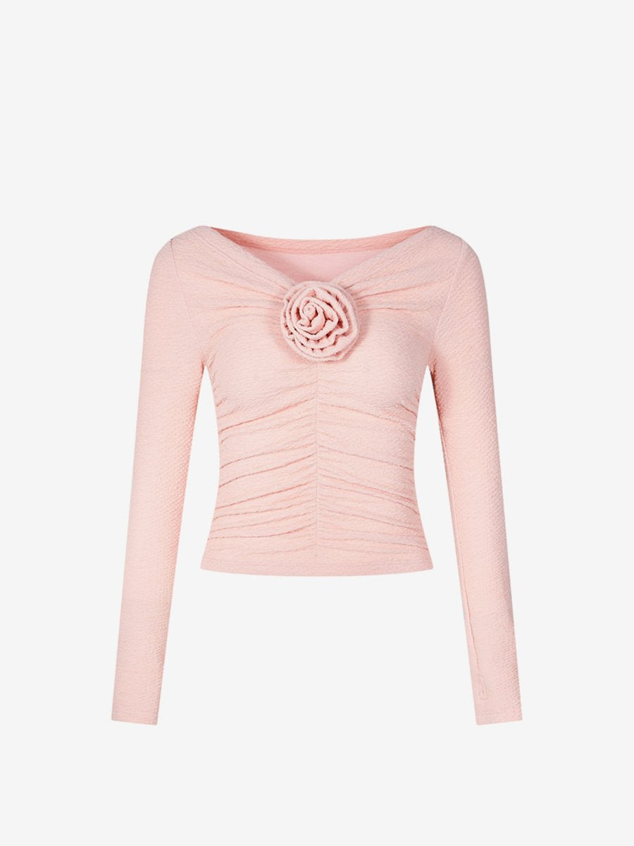 Boat Neck Long Sleeve Three-Dimensional Flower T-Shirt