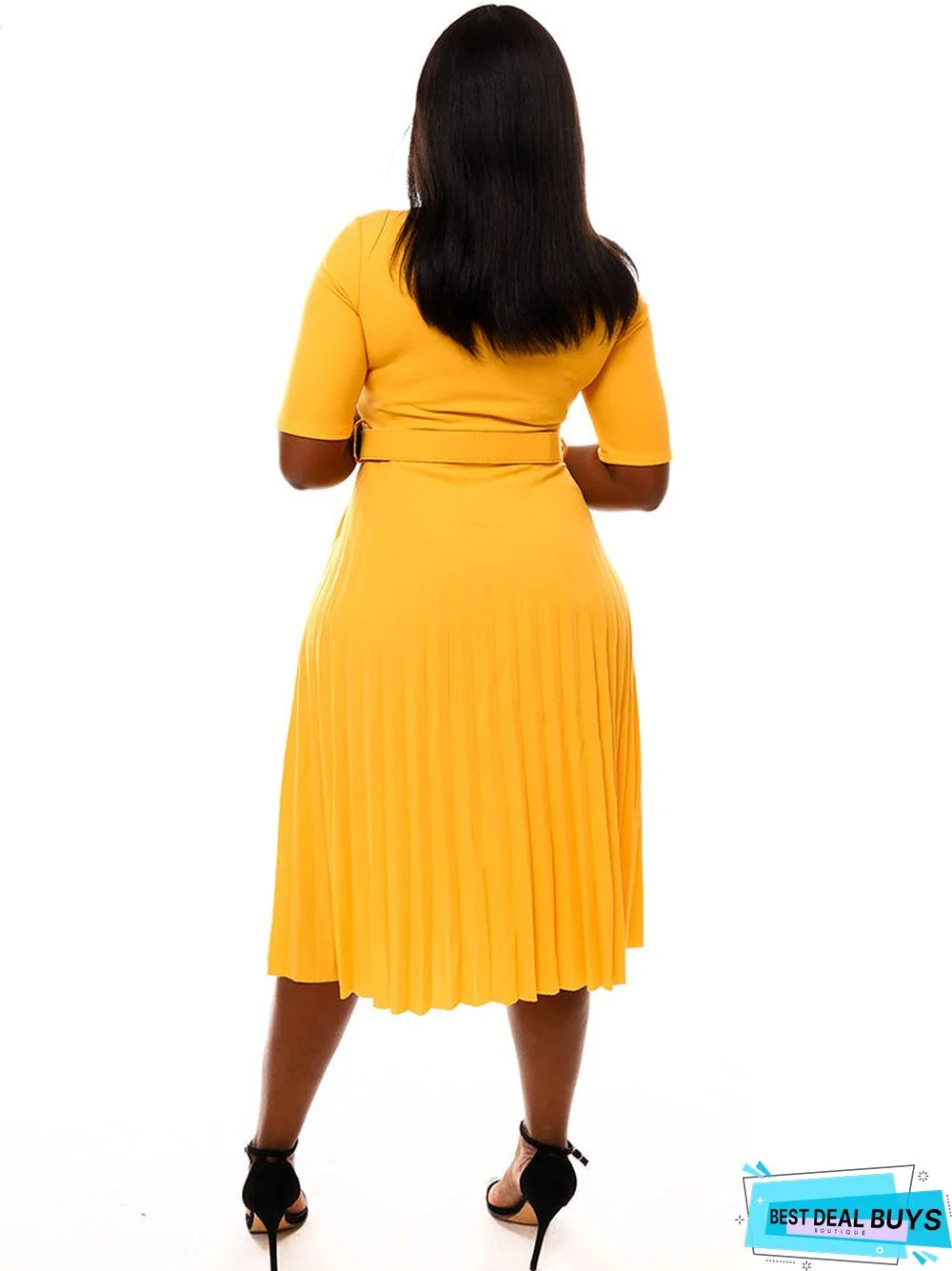 Short Sleeve Solid Color Pleated Midi Dresses with Belt