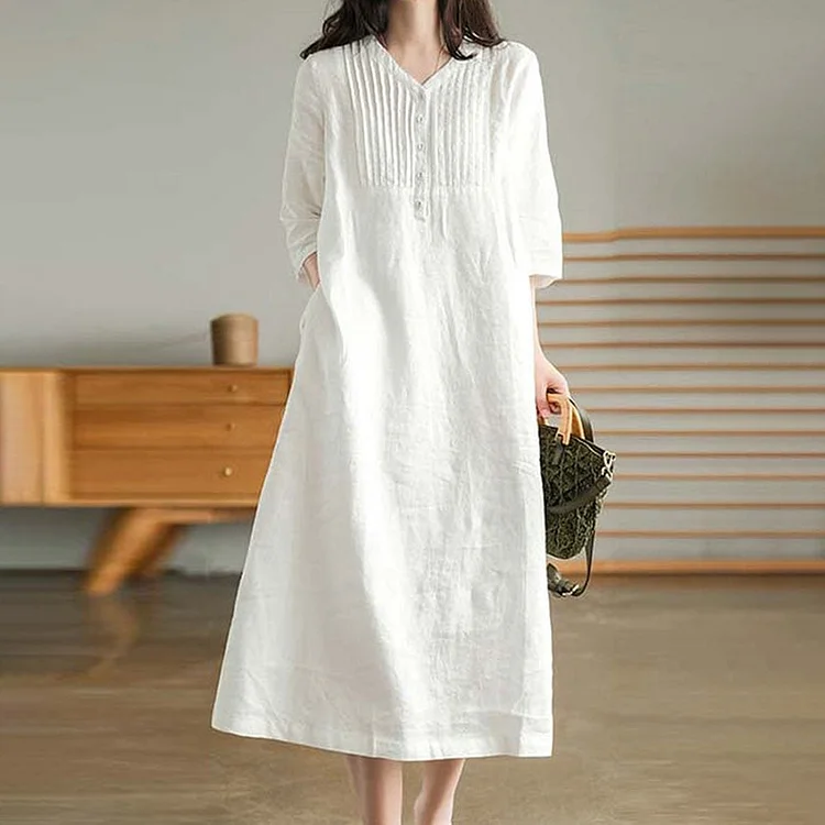 VChics Solid Color Cotton And Linen V-Neck Loose Midi Dress