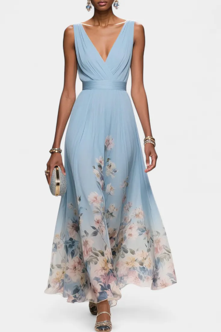 V-Neck Maxi Dress with Gradient Floral Print