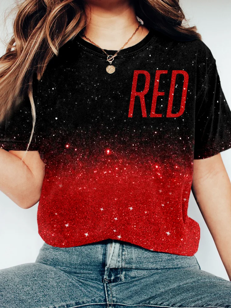 TS Red Glitter Gradient Graphic Vintage Crew Neck T Shirt