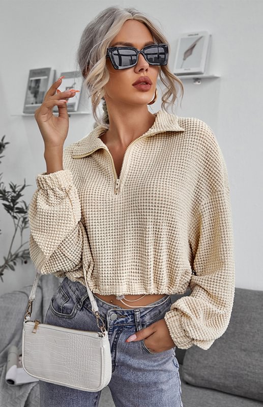 Zipper Drawstring Lapel Knit Pullover Polo Shirt- Fabulory