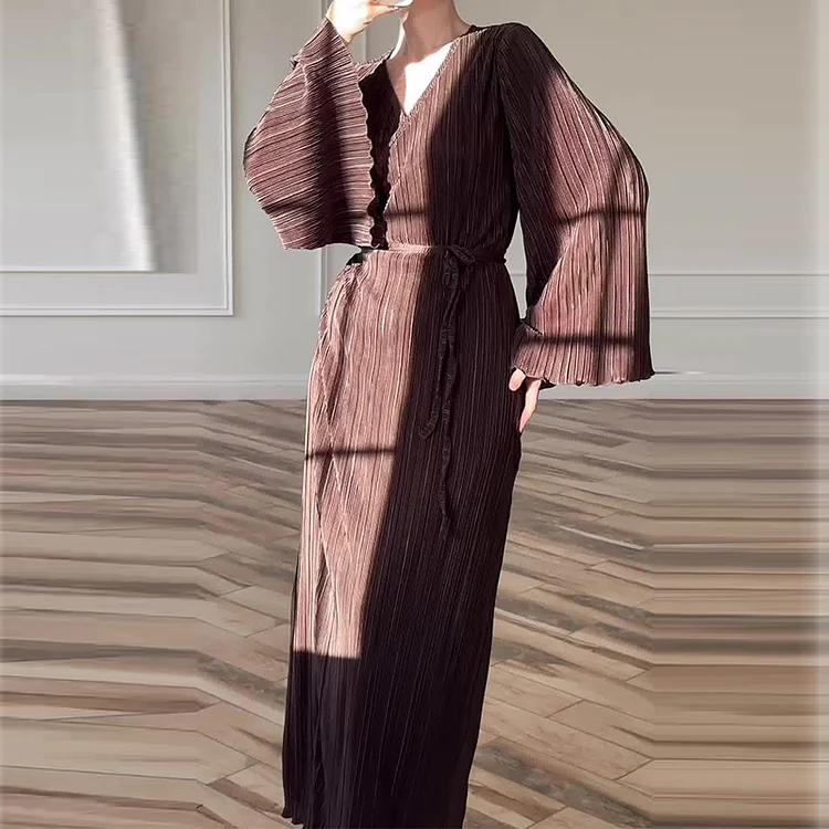 Women's Elegant Solid Color Bell Sleeve Ribbed Waist Long Sleeve Dress