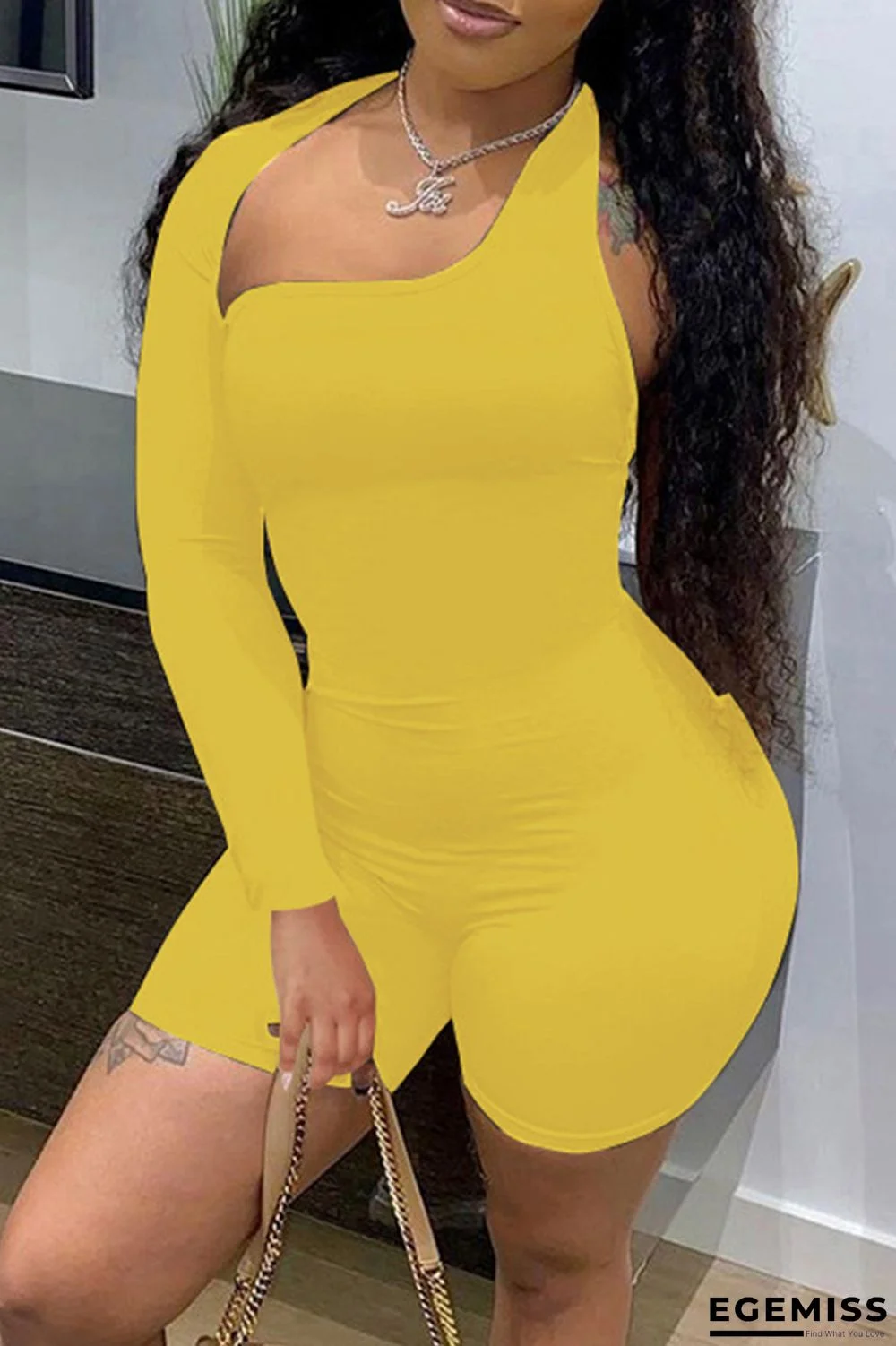 Yellow Sexy Casual Solid Hollowed Out Asymmetrical Oblique Collar Skinny Romper | EGEMISS