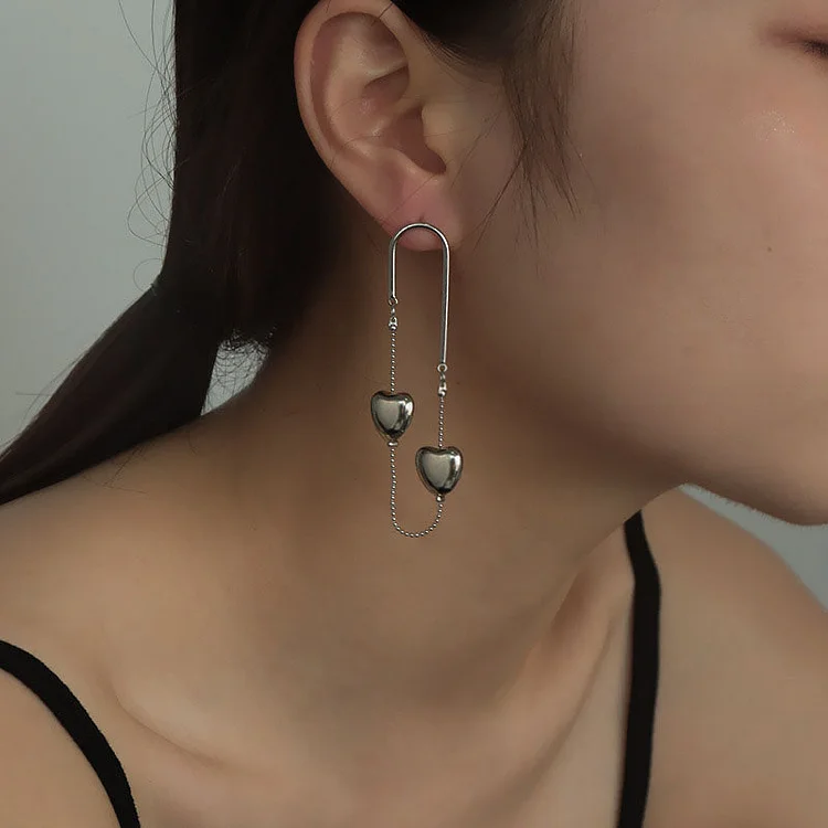 Metallic Silver Long Style Heart Tassel Drop Earrings