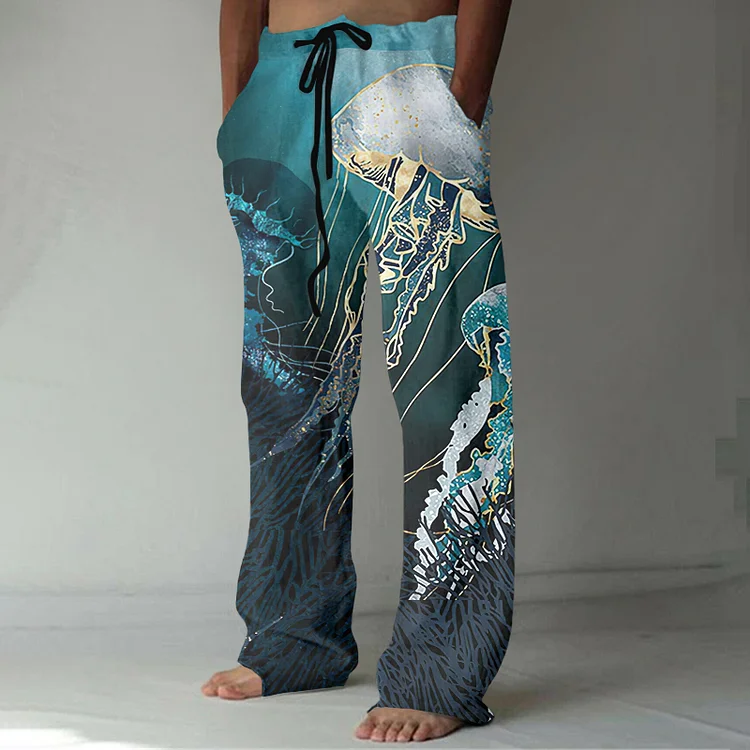 Japanese Art Jellyfish Sea World Graphic Painting Art Linen Blend Pants