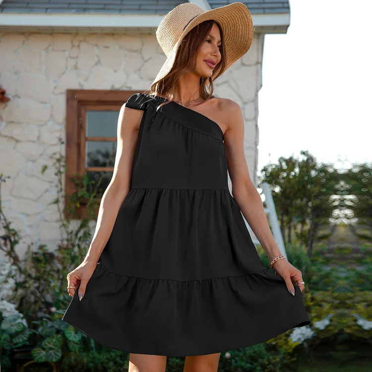 Sleeveless Ruffles Elegant Inclined Shoulder Mini Dress
