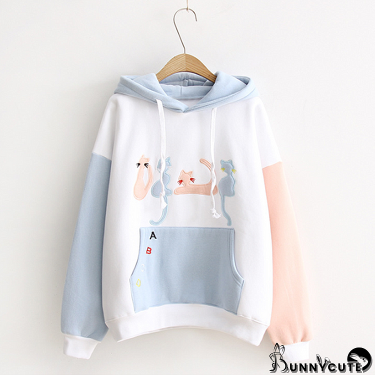 Cat Embroidery Velvet Color-block Hoodie