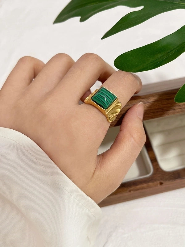 Fashion Square 304 Stainless Steel Natural Stone 18K Gold Plated Plating Inlay Rings