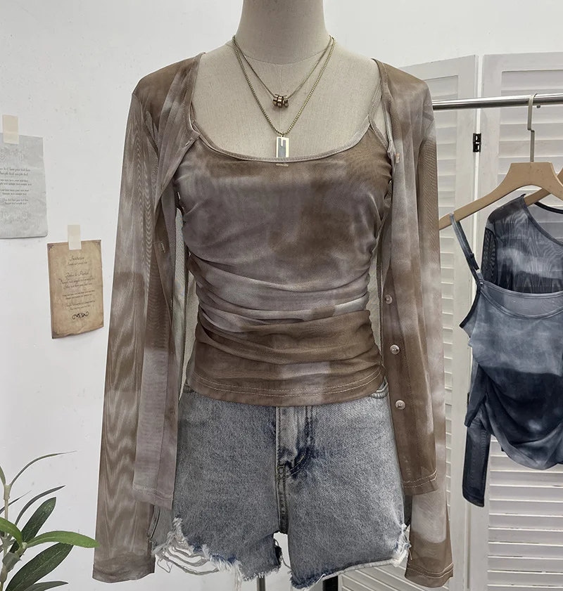 Nigikala Nigikala Babes Tie-Dye Net Yarn Sunscreen Cardigan Two Sets Of Sling Vest + Long-Sleeved Shirt Top 8056