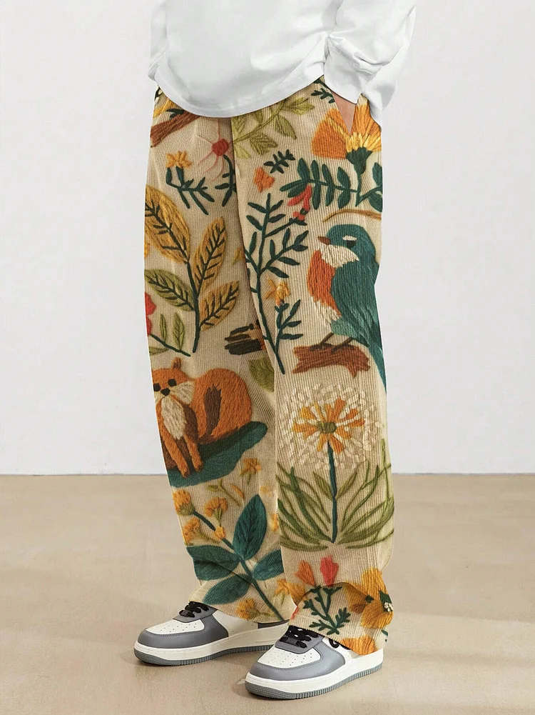 Men's Floral Bird Squirrel Embroidery Print Loose Drawstring Waist Sweatpants