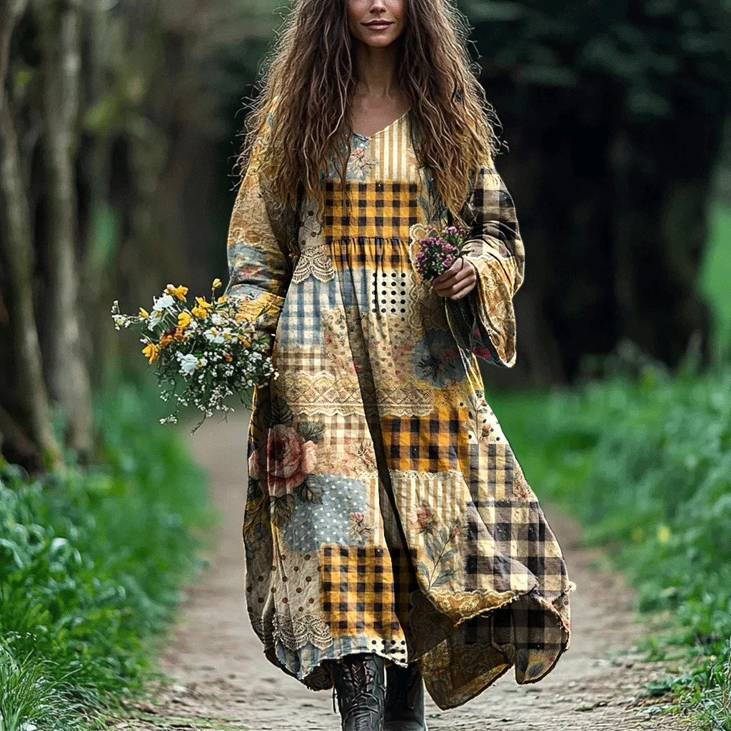 Women's Vintage Bohemian Floral Patch Dress
