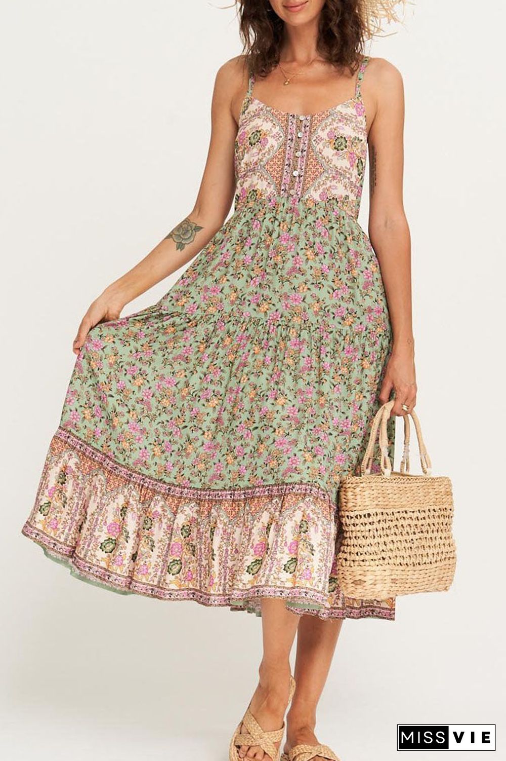 Fashion Casual Print Split Joint Spaghetti Strap Pleated Dresses