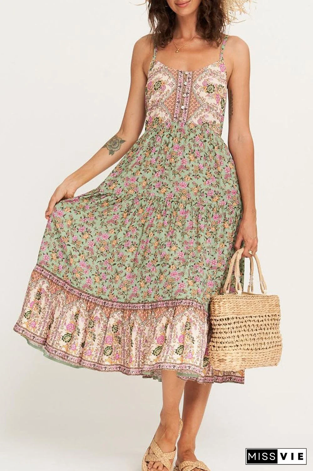 Fashion Casual Print Split Joint Spaghetti Strap Pleated Dresses