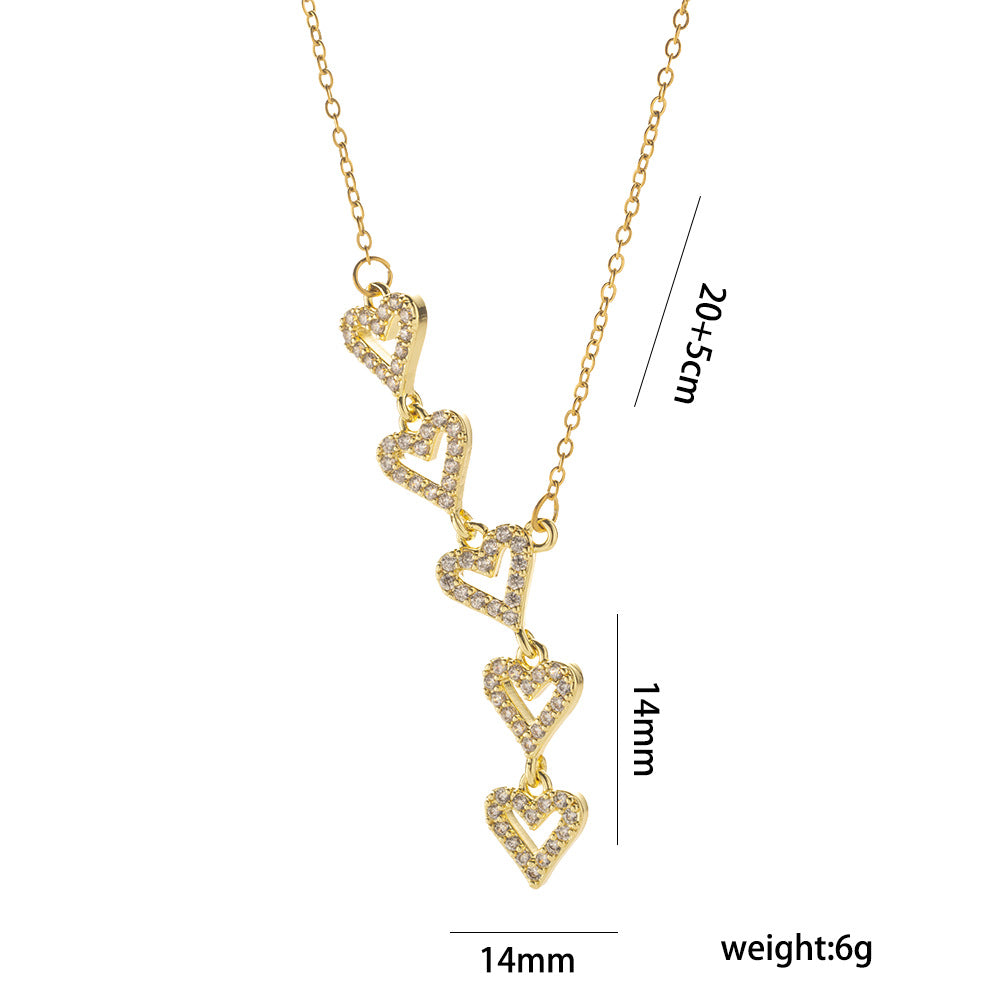 Tassel Heart Full Diamond Titanium Steel Necklace For Women Fresh And Sweet Style Five Heart Clavicle Chain