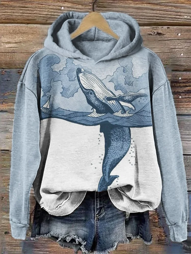 Women's Whale Art Contrast Color Cozy Washed Hoodie