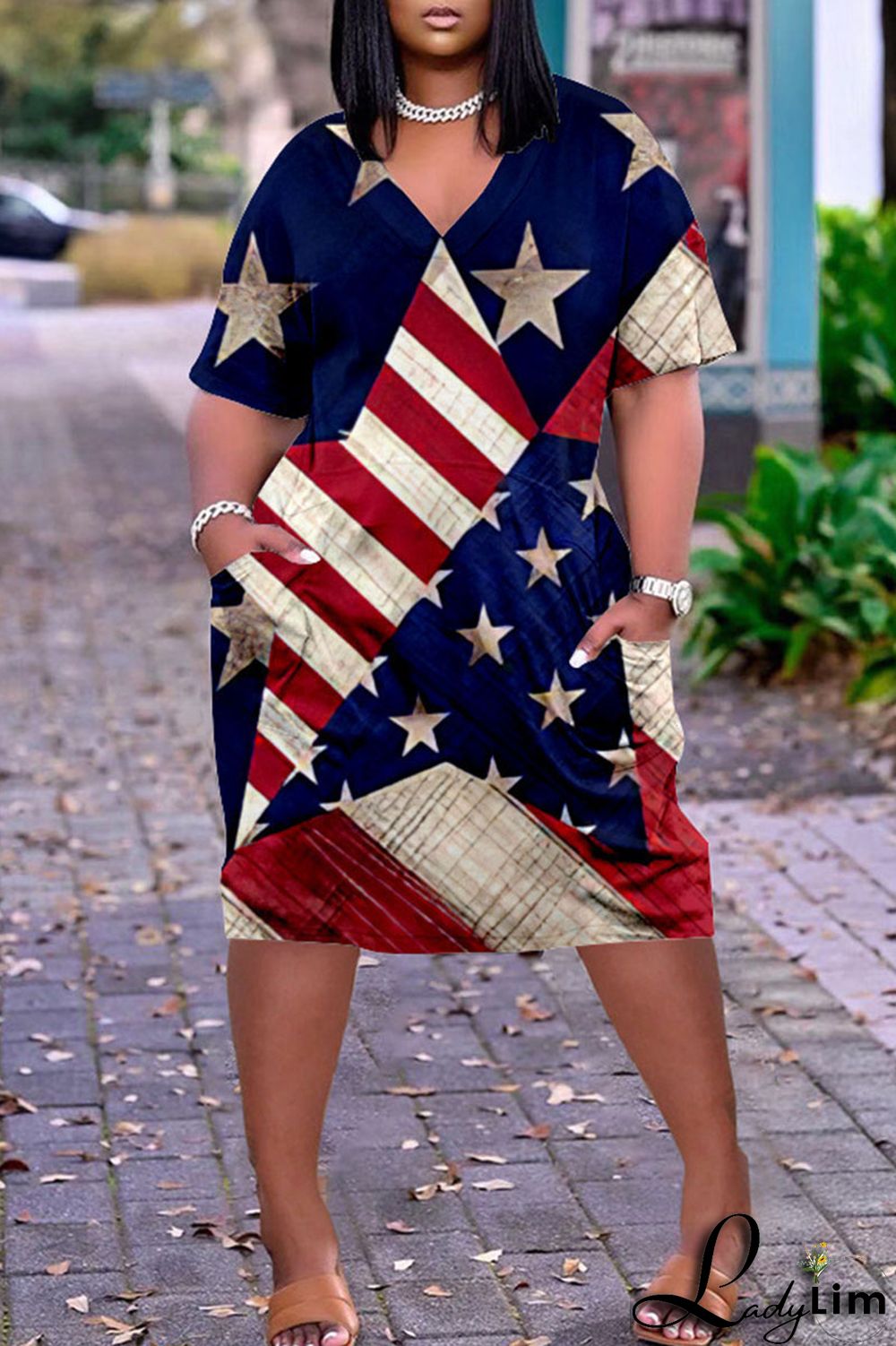 Deep Blue Casual Print Patchwork V Neck Dresses