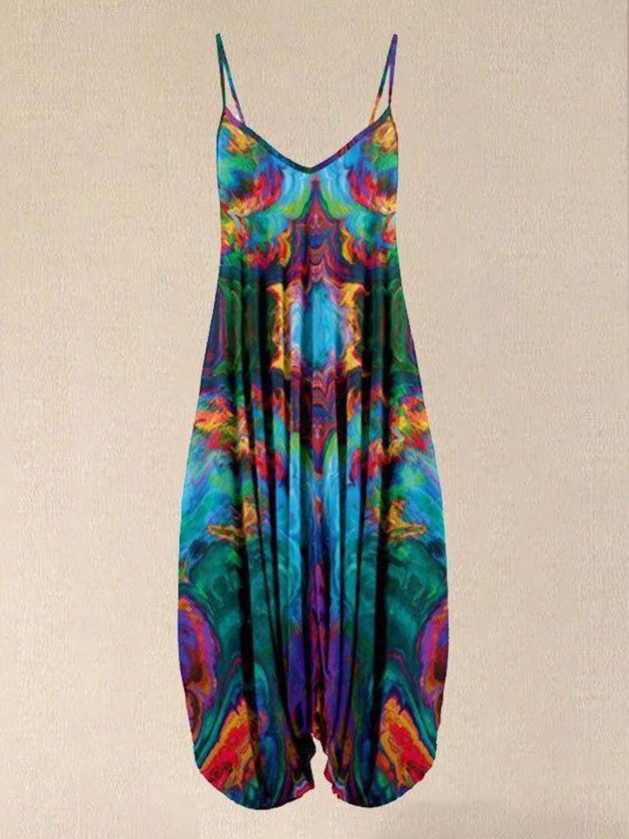 Hot Sale Women Turquoise & Red Abstract Sleeveless Harem Jumpsuit