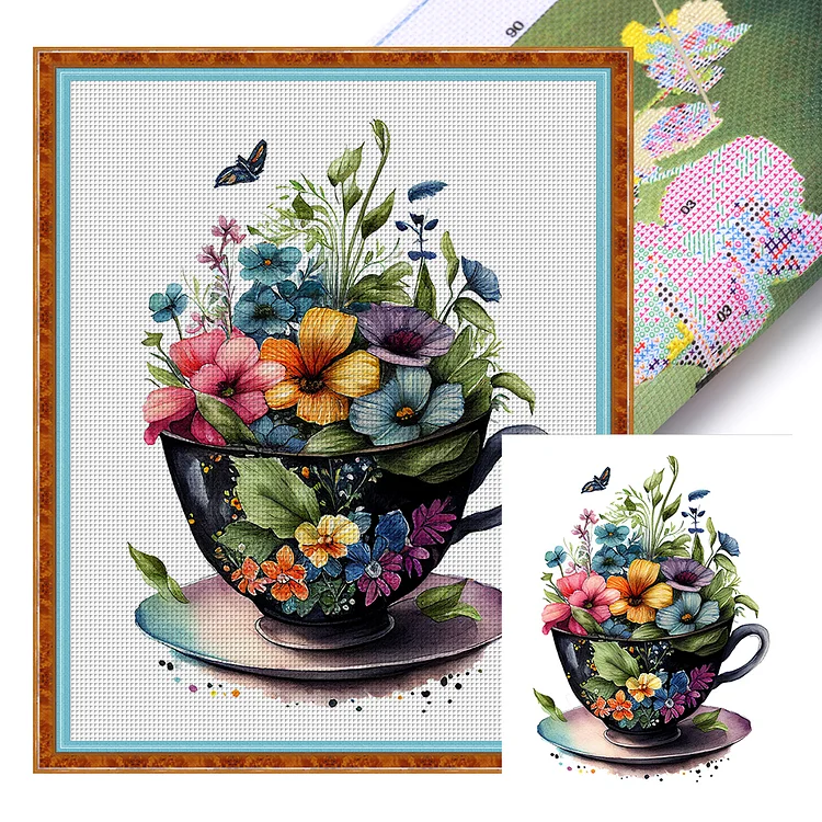 【Huacan Brand】Teacup Flowers 14CT Stamped Cross Stitch 40*50CM