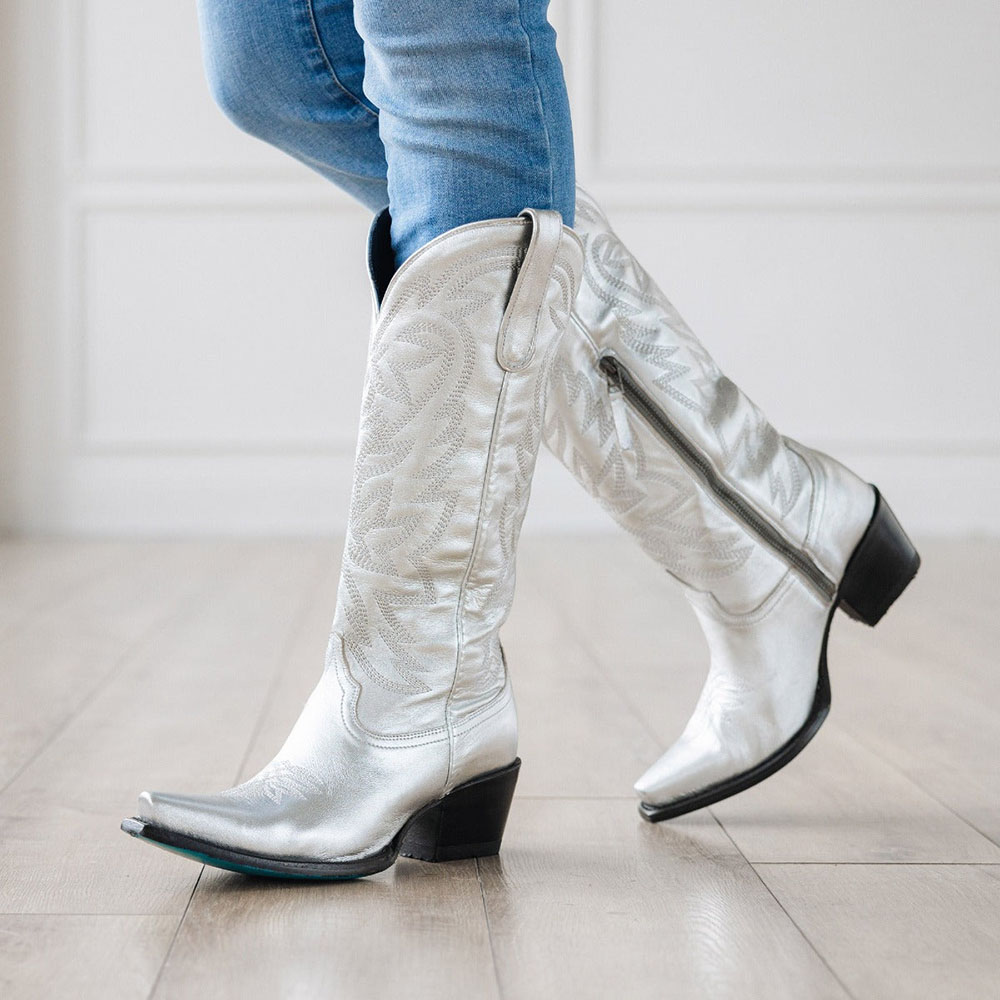 Silver Pointed Toe Chunky Heel Wide Calf Cowgirl Embroidered Boots