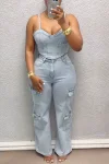 Women's Sexy Stretch Denim Camisole Pant Suit