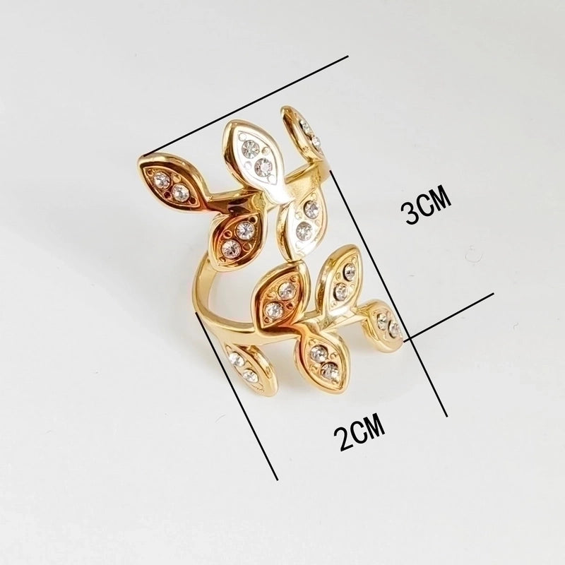 Minimalist Streetwear Leaves 304 Stainless Steel Titanium Steel Rhinestones 18K Gold Plated Inlay Open Rings