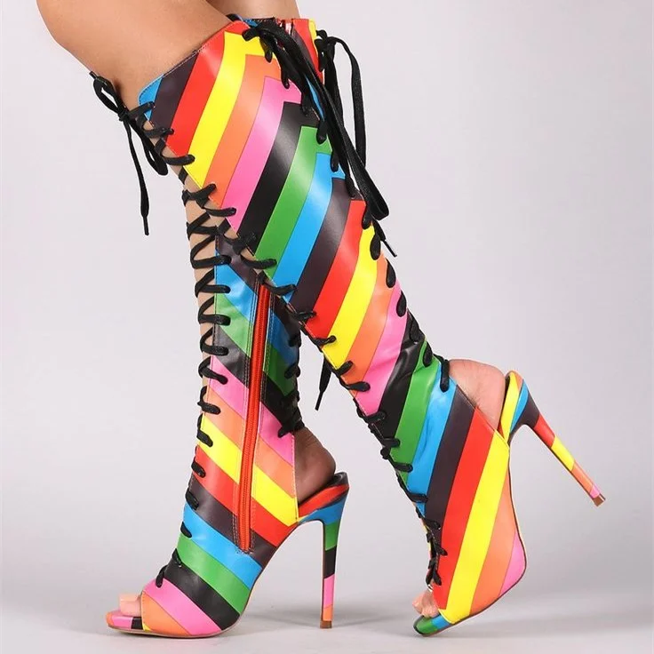 Rainbow Lace up Boots Multicolor Peep Toe Stiletto Heel Knee Boots |FSJ Shoes