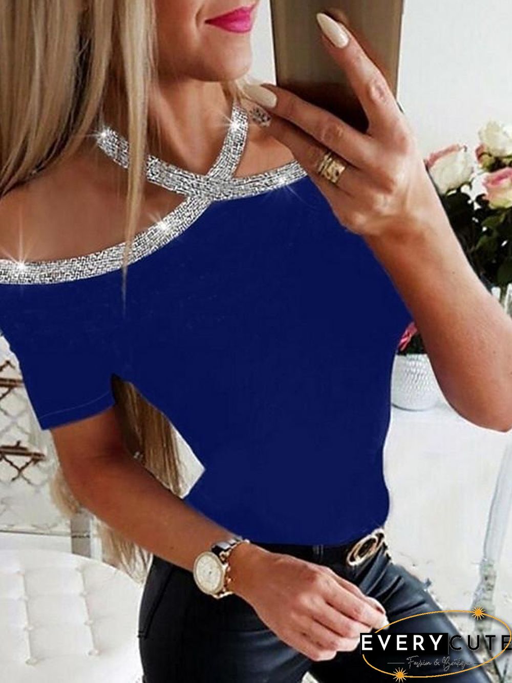 Women's T shirt Solid Colored Round Neck Tops Basic Top Black Wine Royal Blue-830