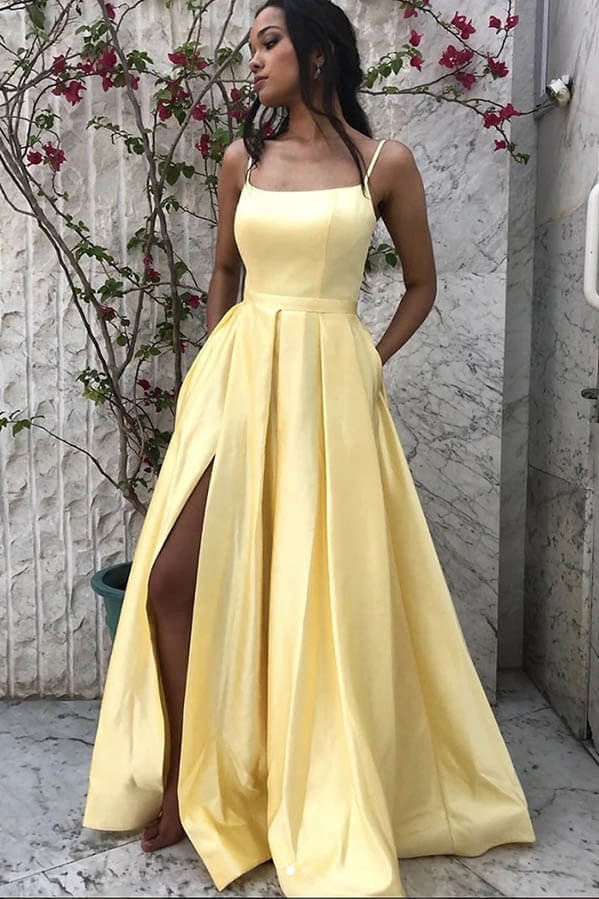 Ovlias Exquisite Daffodil Spaghetti Strap Split Satin Prom Dress LY0542