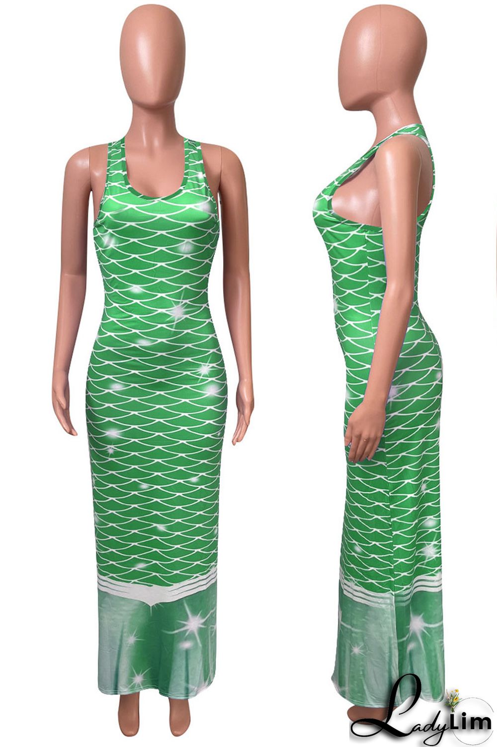 Tangerine Red Casual Print Split Joint U Neck Vest Dress Dresses