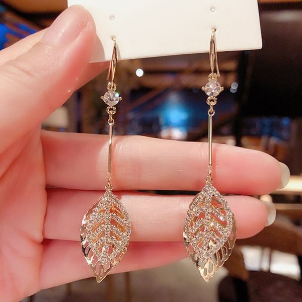 Exquisite Leaf Earrings 14K Gold Diamond French Hook Tassel Earrings Wedding Engagement Anniversary Party Jewelry Gift - Shop Trendy Women's Fashion | TeeYours