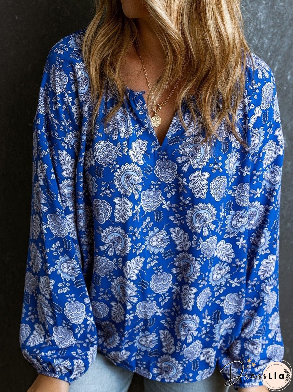 Blue Floral Notched V-Neck Long Sleeve Shift Blouse