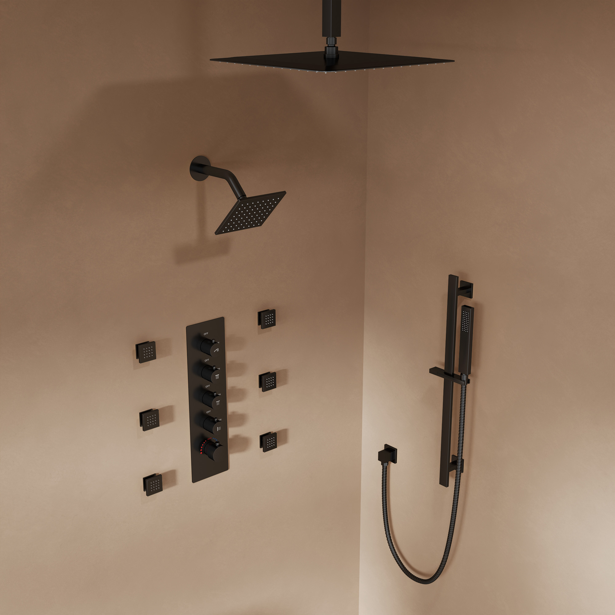 SerenityFlow Dual 15-Spray Ceiling Mount 16 and 6 in. Fixed and Handheld Shower Head 2.5 GPM in Matte Black Valve Included