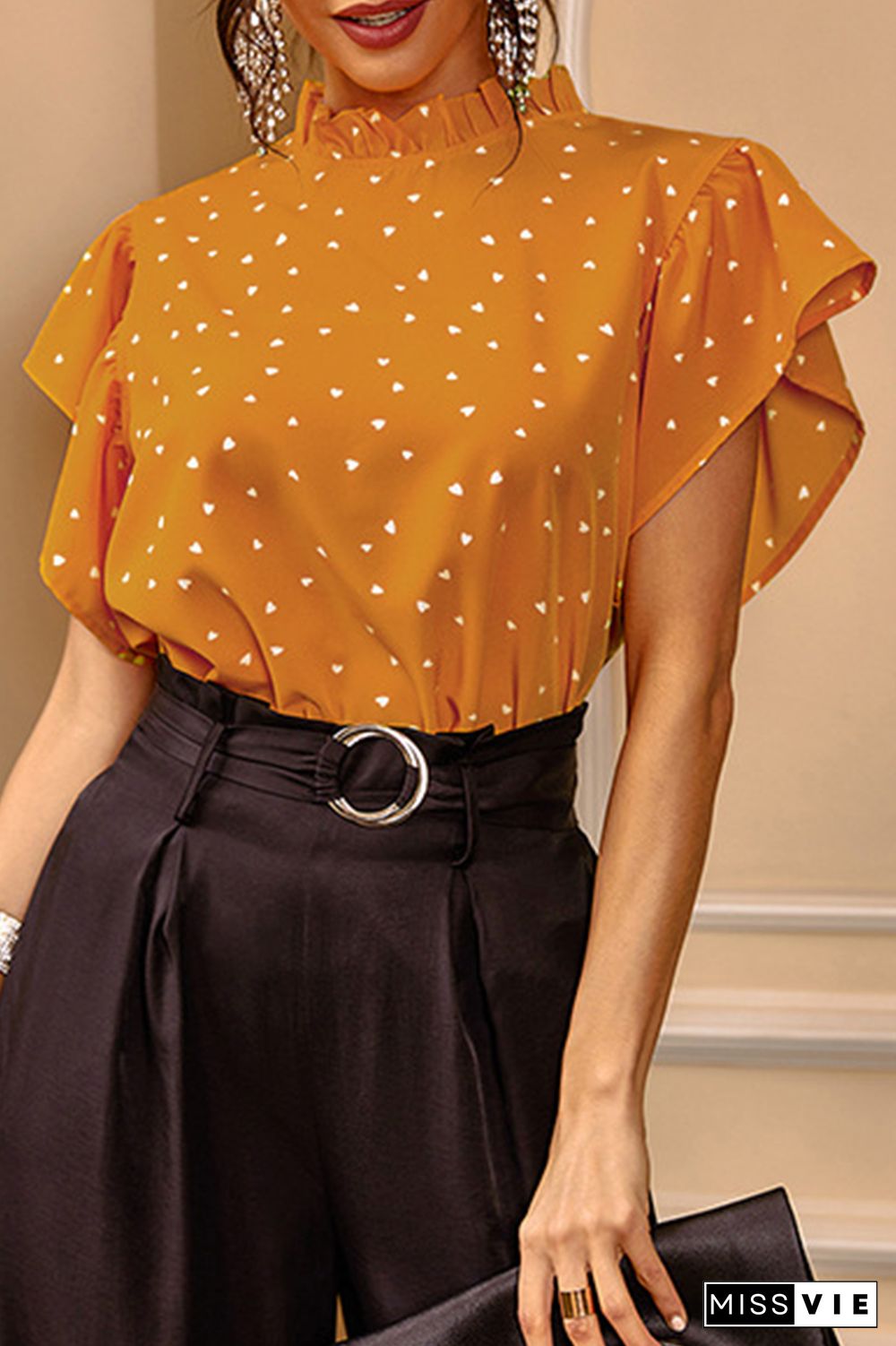 Elegant Dot Split Joint Flounce Mandarin Collar Tops