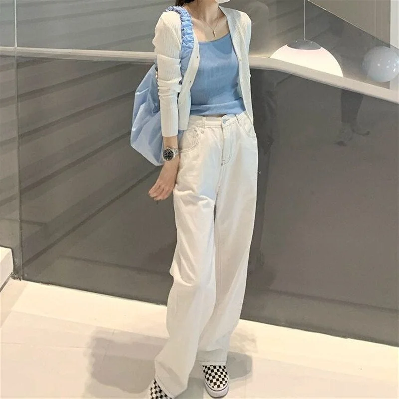 White Casual Wide Leg Jeans Woman High Waisted Denim Pants Streetwear  Mom Jeans New Outfit